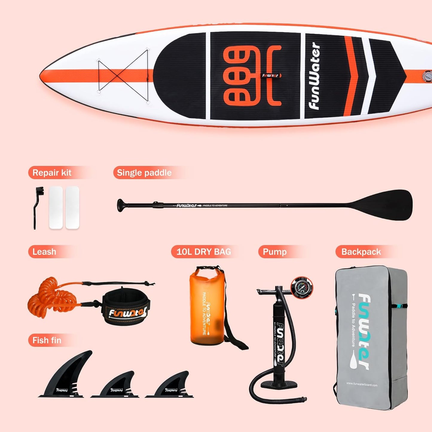 Orange 11' FunWater Inflatable Paddleboard