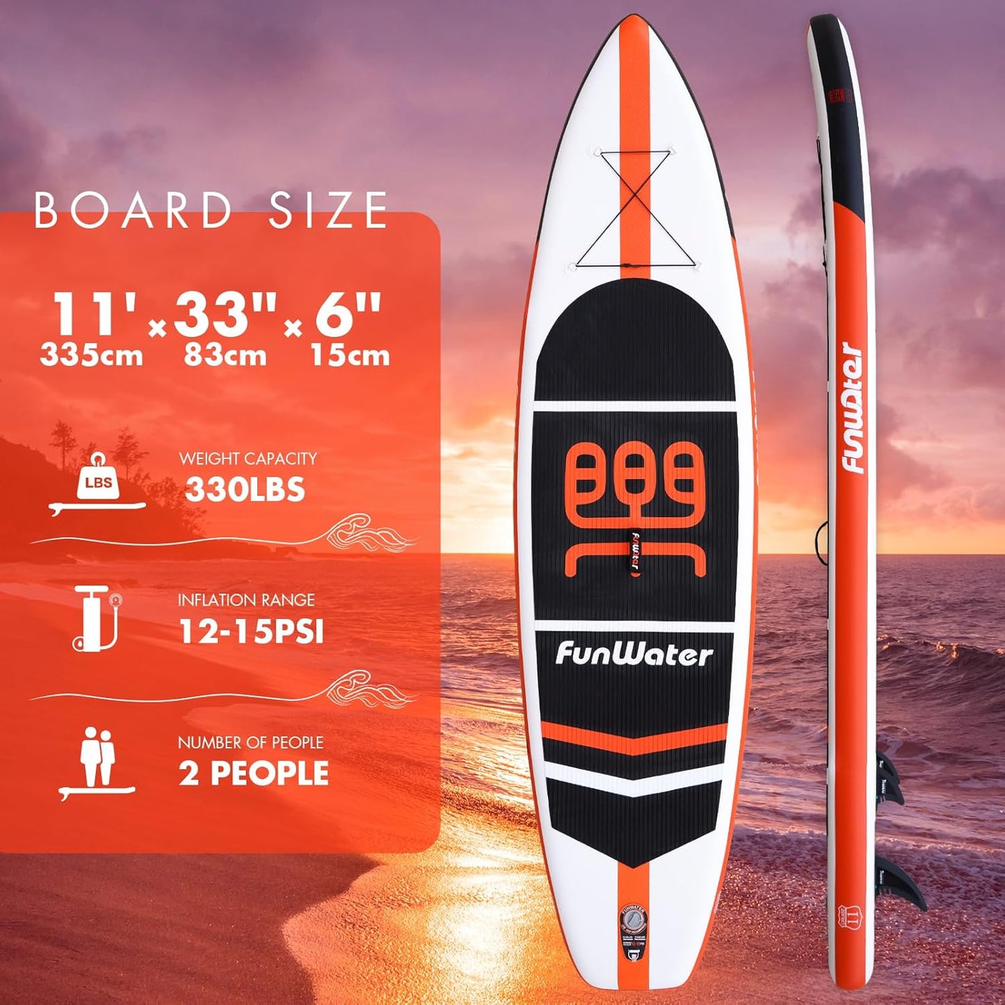 Orange 11' FunWater Inflatable Paddleboard