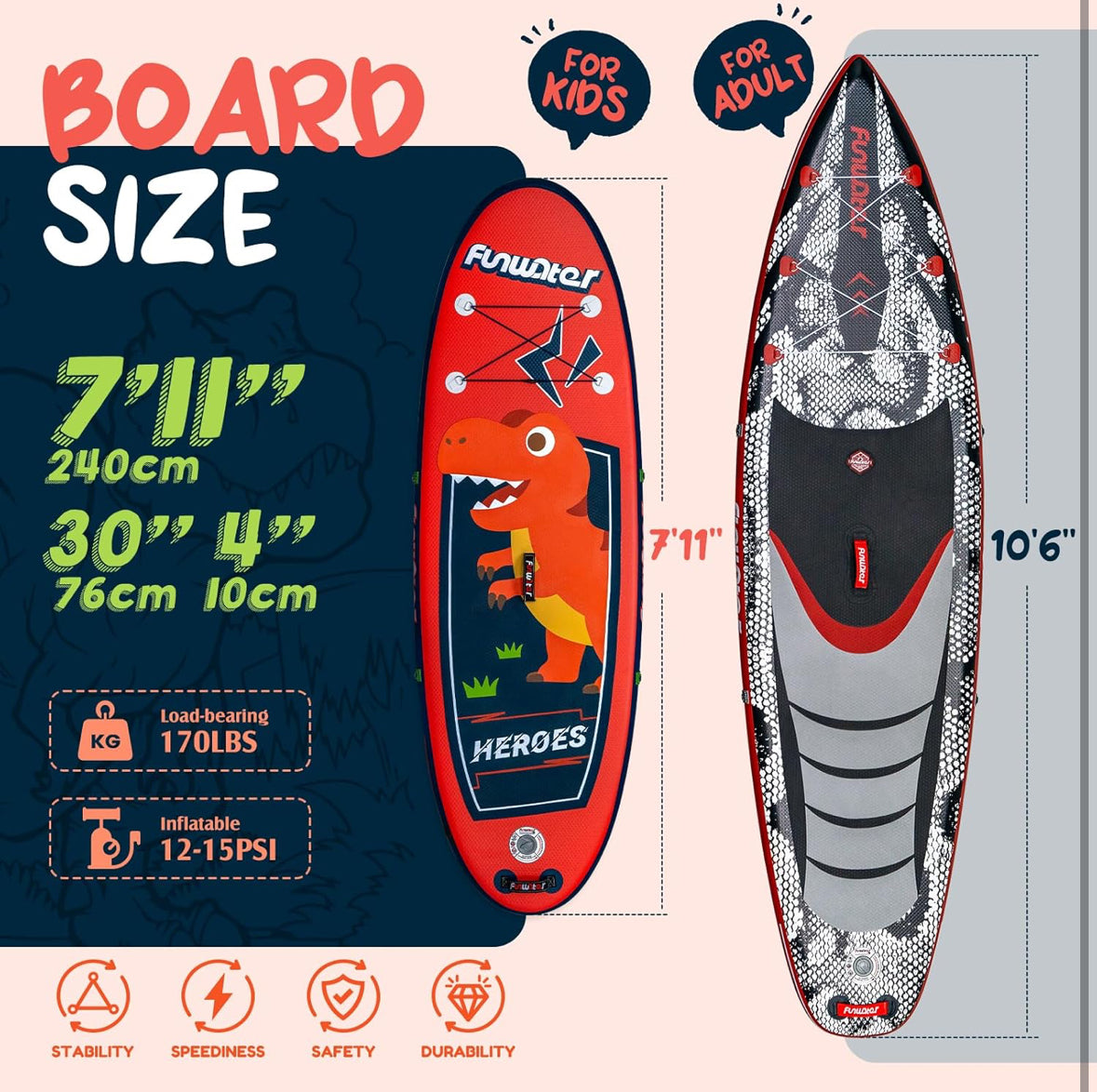 KIDS 7' 11" INFLATABLE FUNWATER PADDLE BOARD - RED DINOSAUR